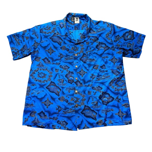 Kennington Hawaiian Shirt XL Blue Map Print Short Sleeve Button Front Tropical - Picture 1 of 7